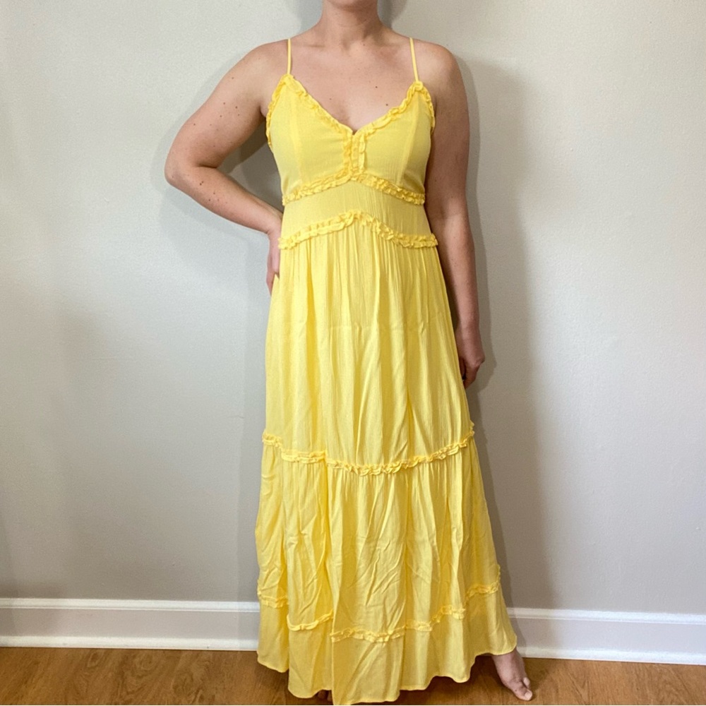 NWT Fashion Nova Yellow Ruffle Tiered Maxi Dress Size Medium